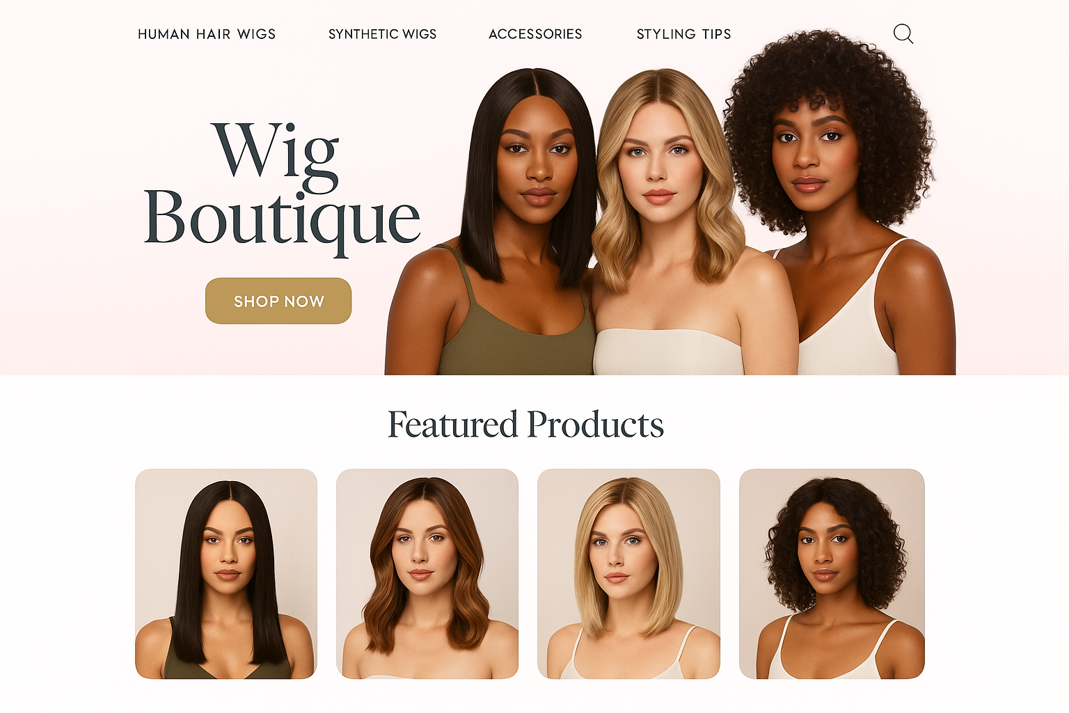 Wig store homepage design with elegant layout, featuring models wearing stylish wigs with a soft pink, white and gold color scheme